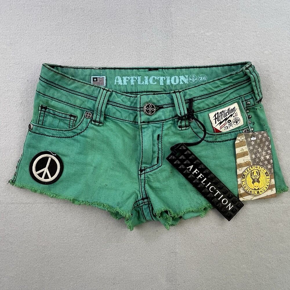Affliction Denim Cut Off Shorts Women’s Size 26 Green Y2K Studded Patches